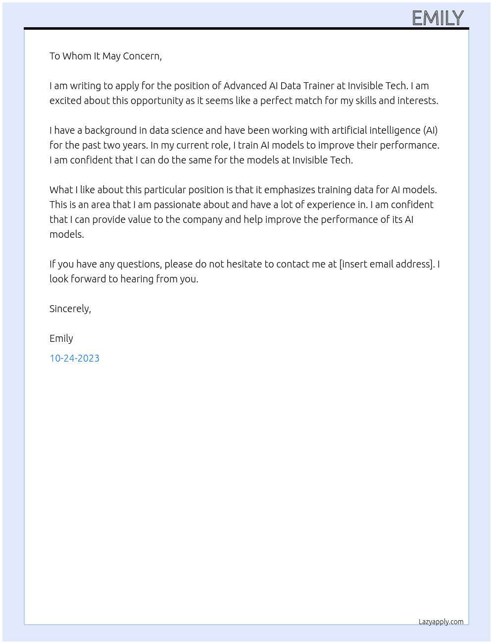 Advanced AI Data Trainer At Invisible Tech Cover Letter