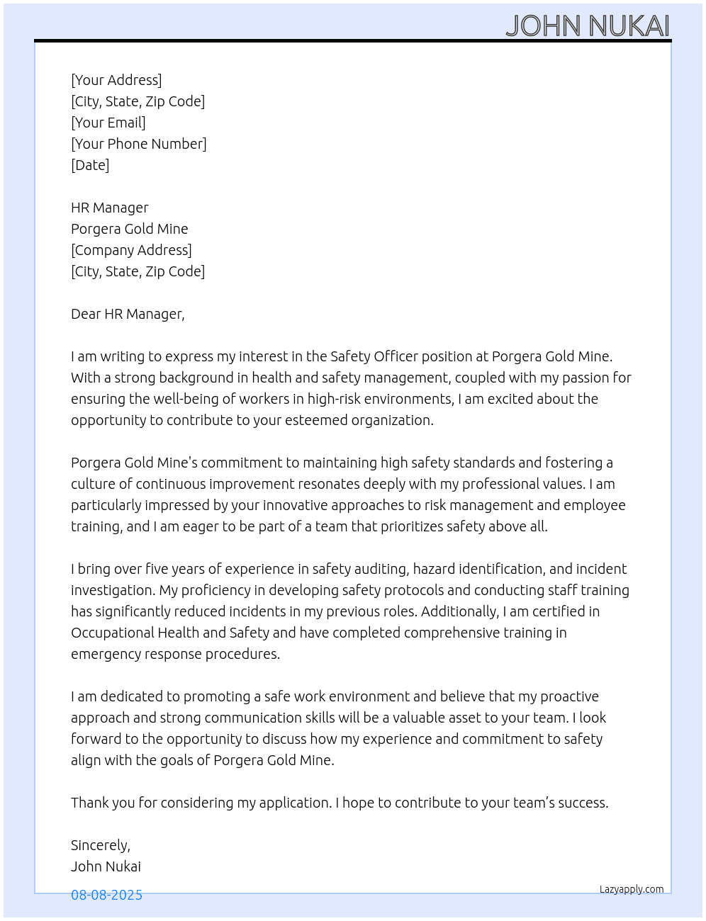 Safety officer  At Porgera Gold mine Cover Letter