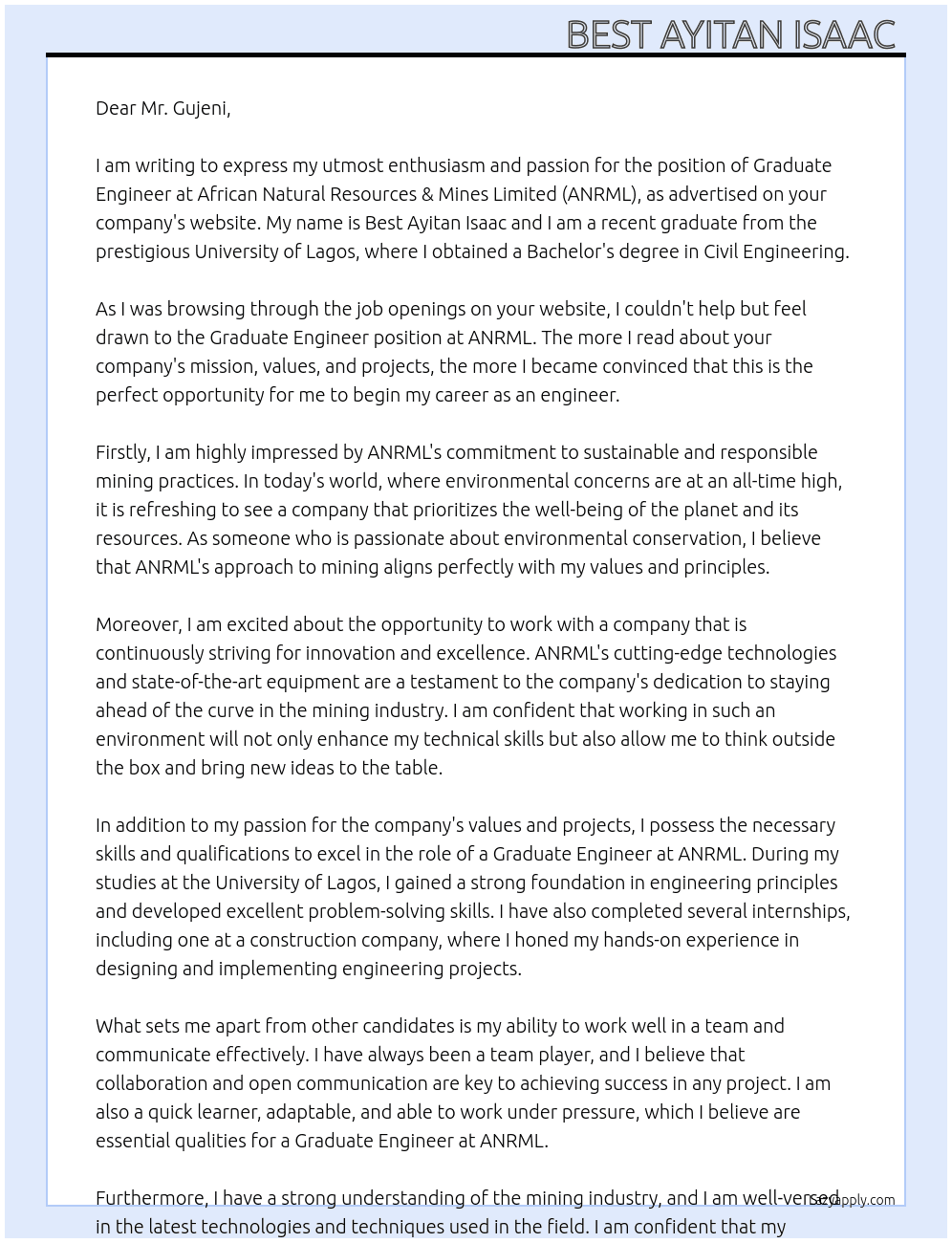 Graduate engineer  At African Natural Resources & Mines Limited (ANRML) Cover Letter
