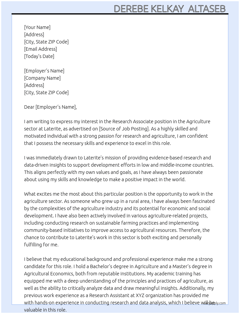Research Associate - Agriculture sector At Laterite Cover Letter