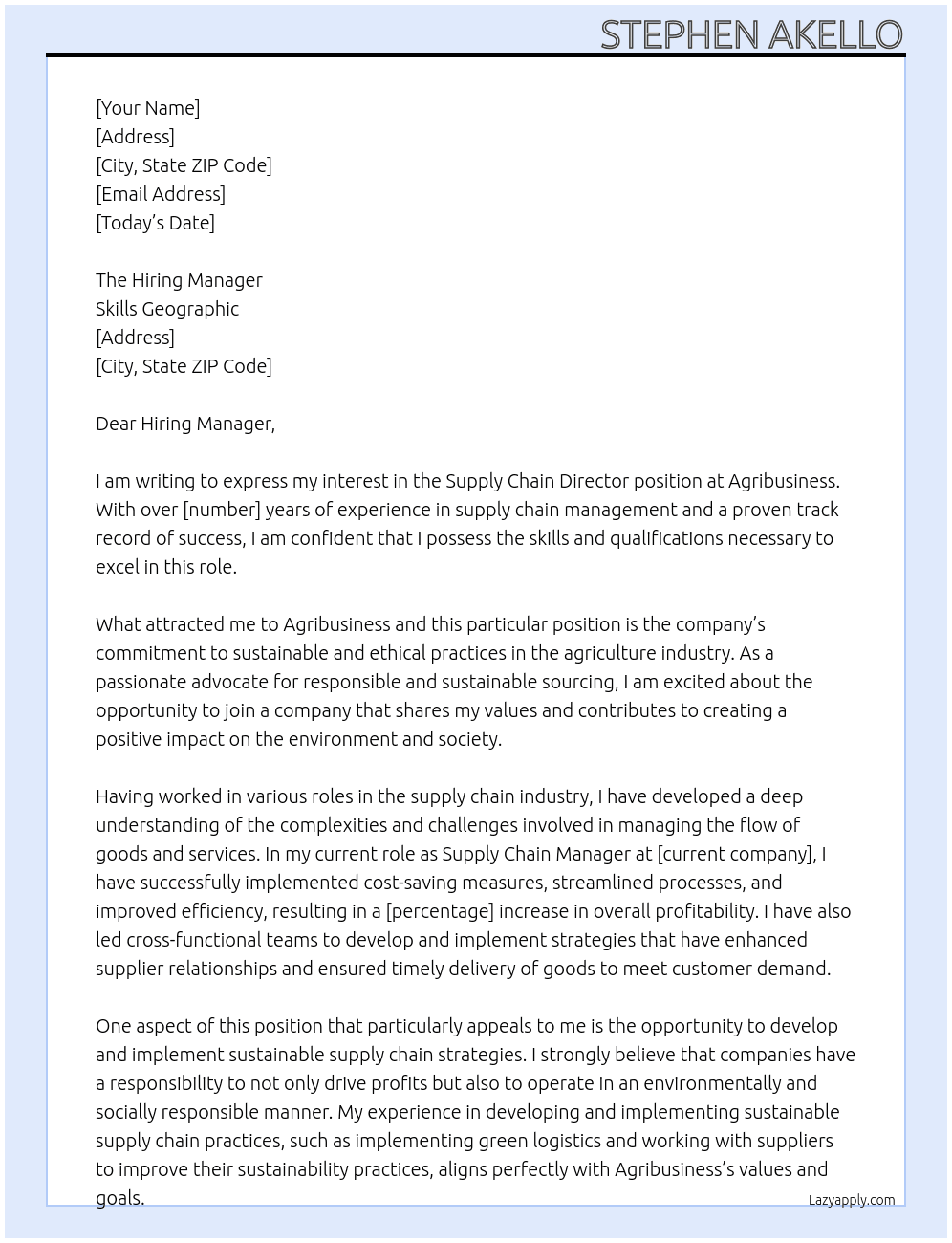 Supply Chain Director At Agribusiness Cover Letter