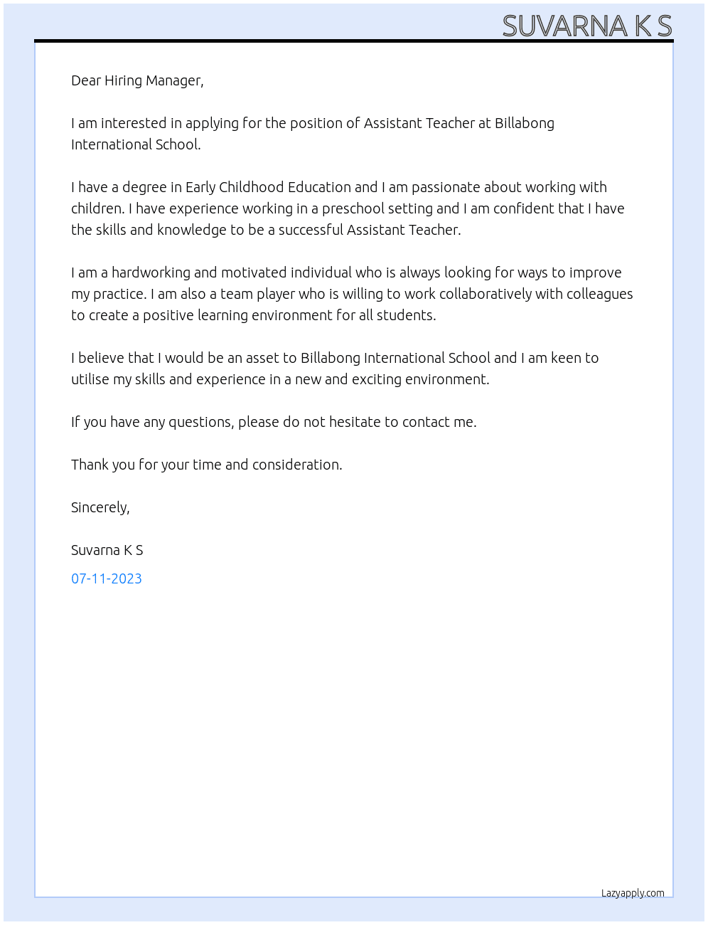 Assistant Teacher At Billabong International School Cover Letter