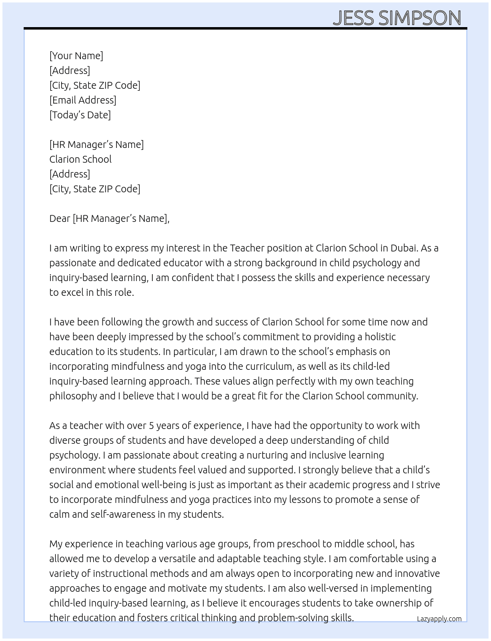 Teacher  At Clarion School  Cover Letter