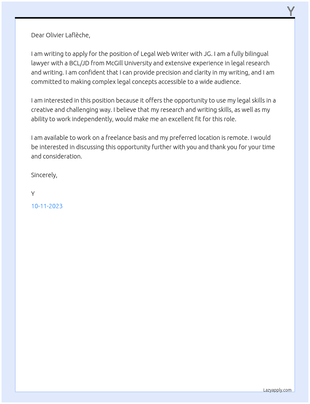 Legal Web Writer At JG Cover Letter