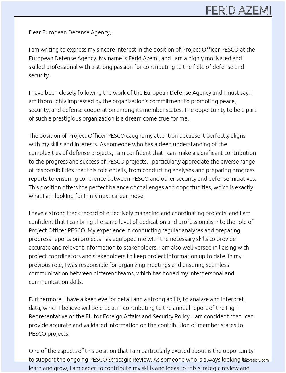 Project Officer PESCO At European Defense Agency Cover Letter