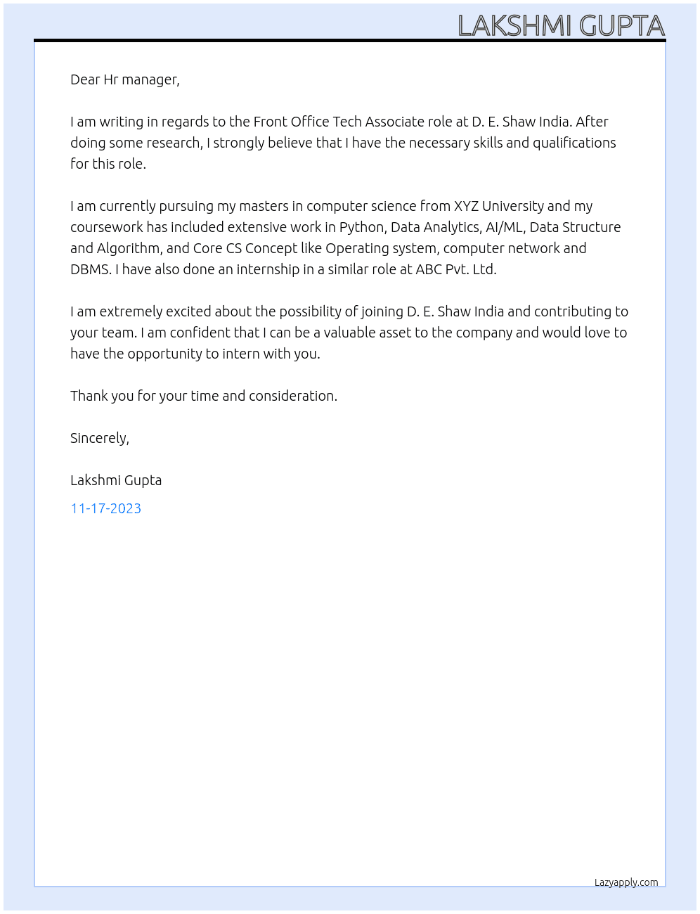 Front Office Tech Associate At  D. E. Shaw India Cover Letter