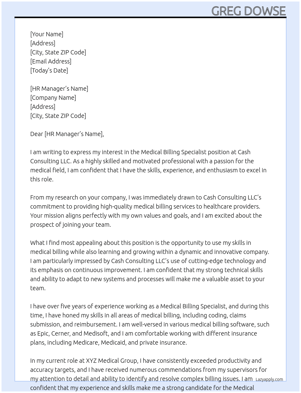 Medical Billing Specialist At Cash Consulting LLC Cover Letter