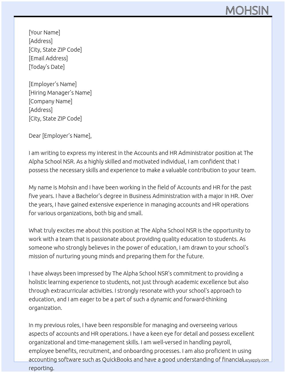 Accounts and Hr Administrator  At The Alpha school  nsr Cover Letter