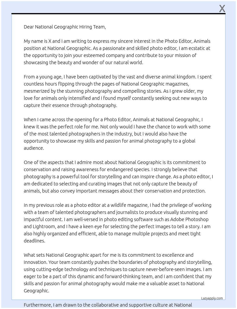 Photo Editor, Animals At National Geographic Cover Letter