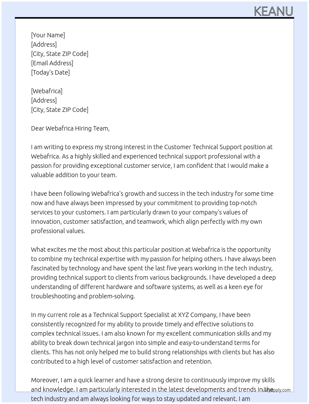 Customer Technical Support  At Webafrica Cover Letter