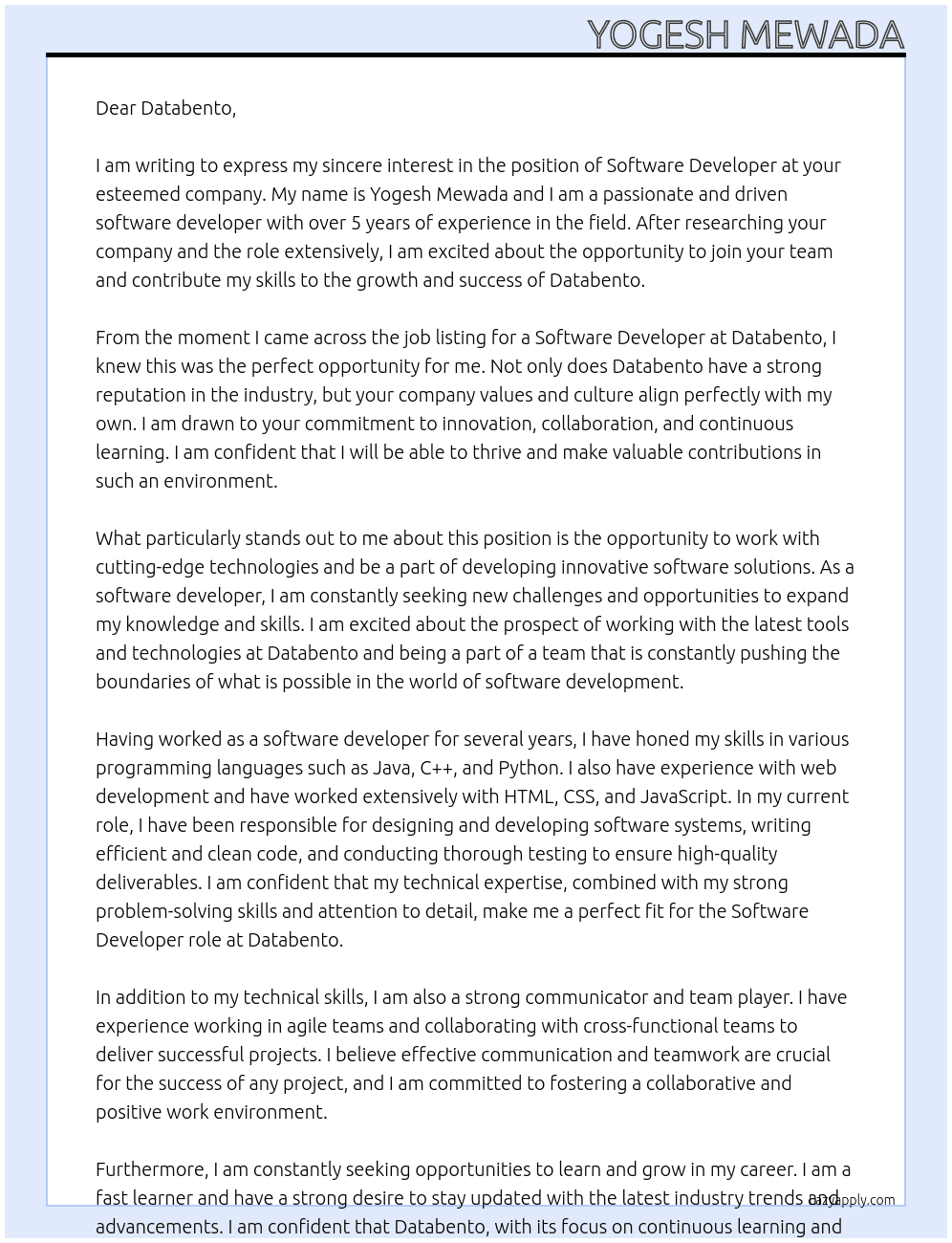 Software Developer At Databento Cover Letter