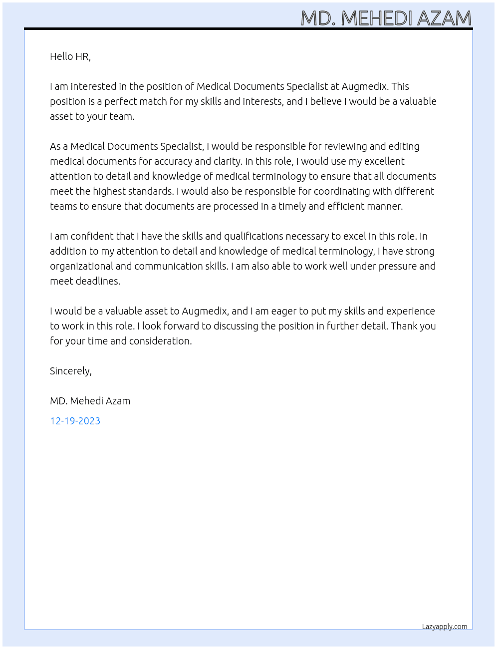 Medical Documents Specialist  At Augmedix Cover Letter