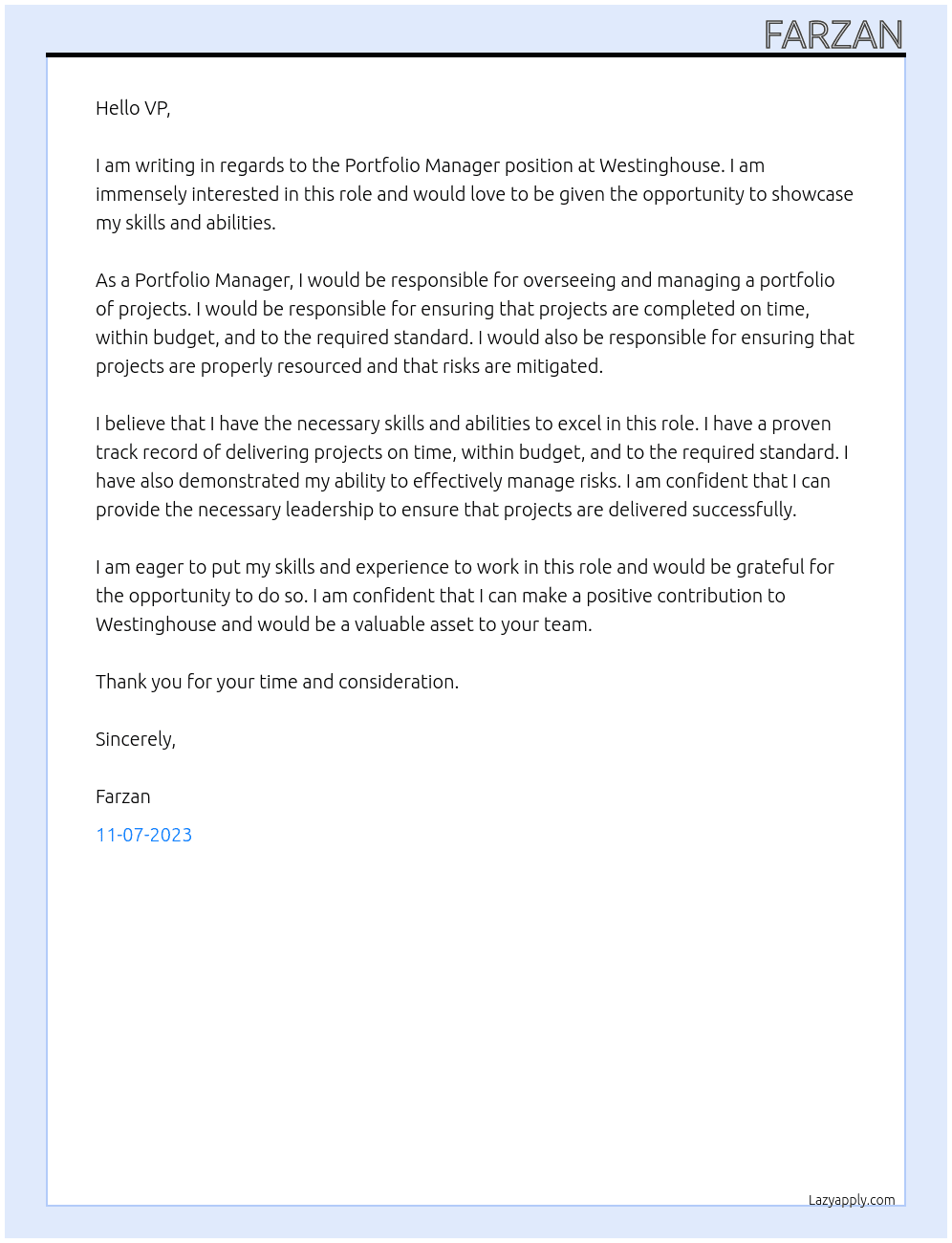 Portofolio Manager At Westingouse Cover Letter