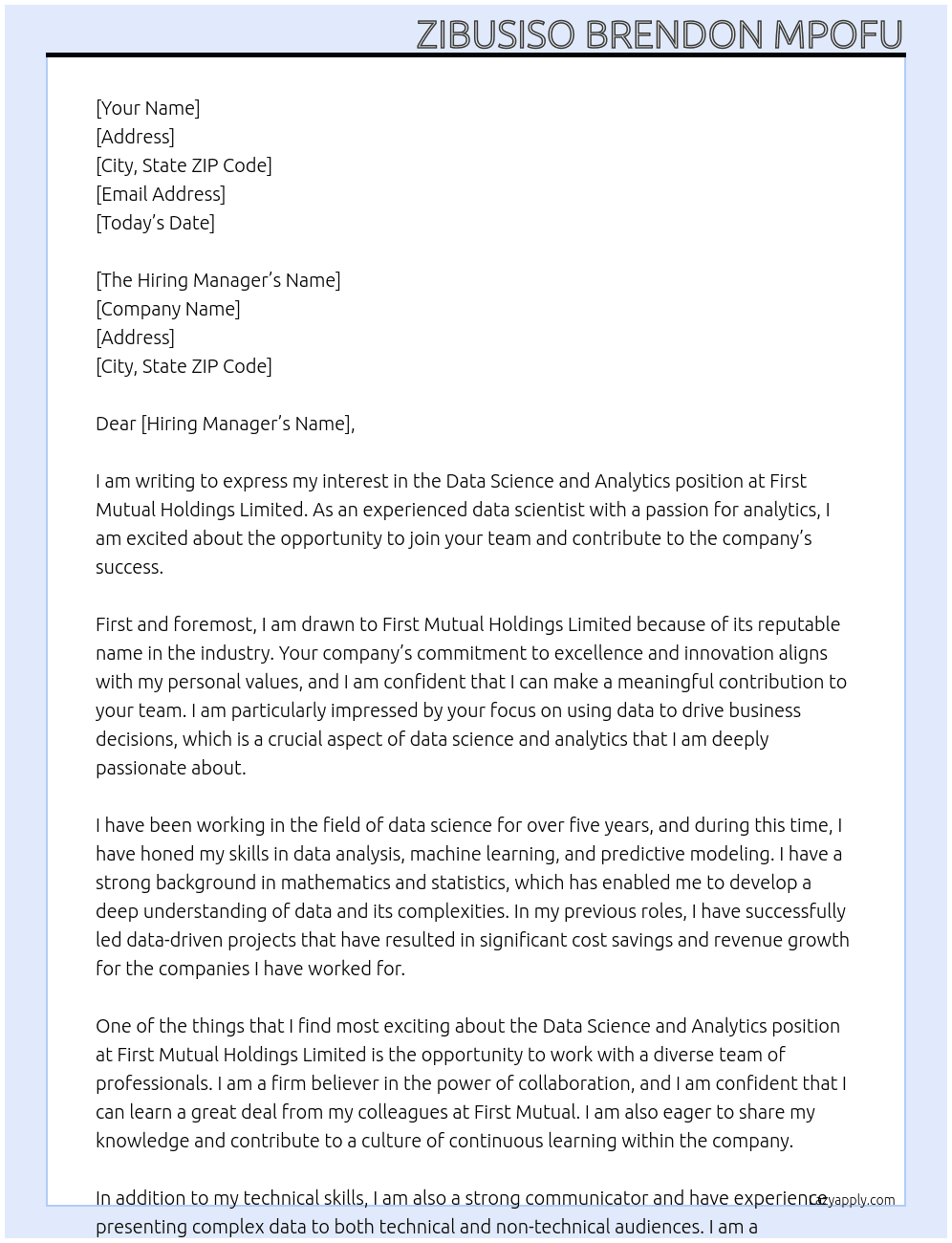 Data Science and Analytics At First Mutual Holdings Limited Cover Letter