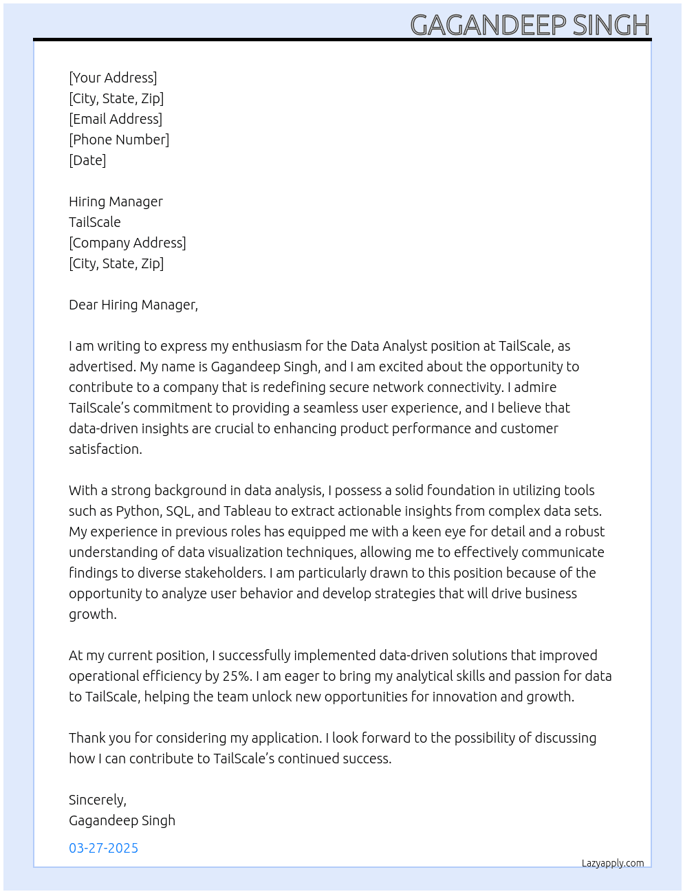 Data Analyst At TailScale Cover Letter