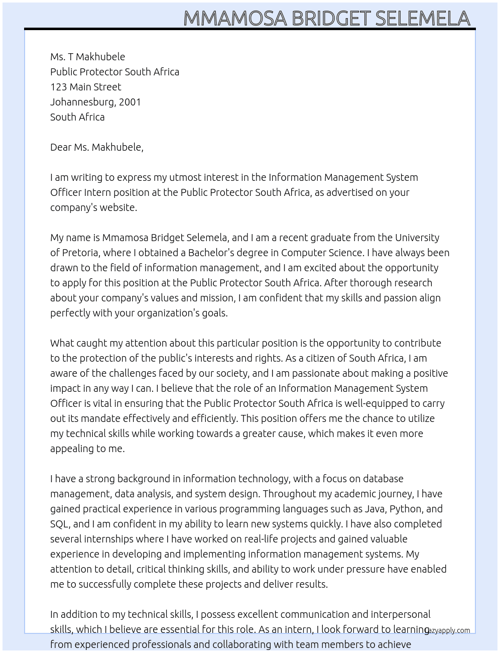 Information management system officer intern At Public Protector South Africa  Cover Letter