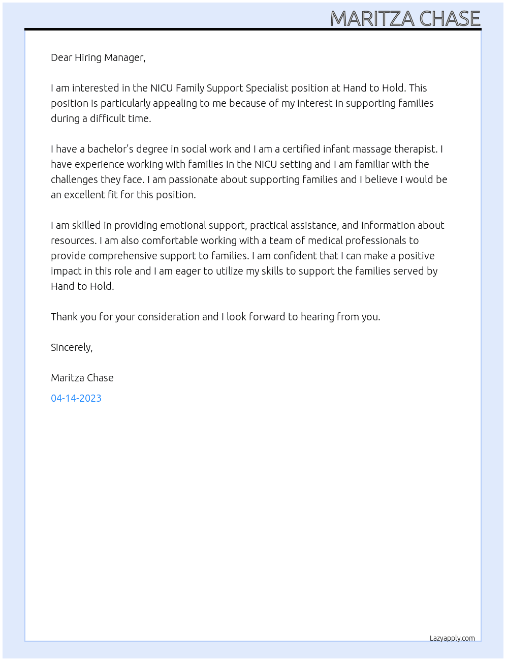 NICU Family Support Specialist At Hand to Hold Cover Letter