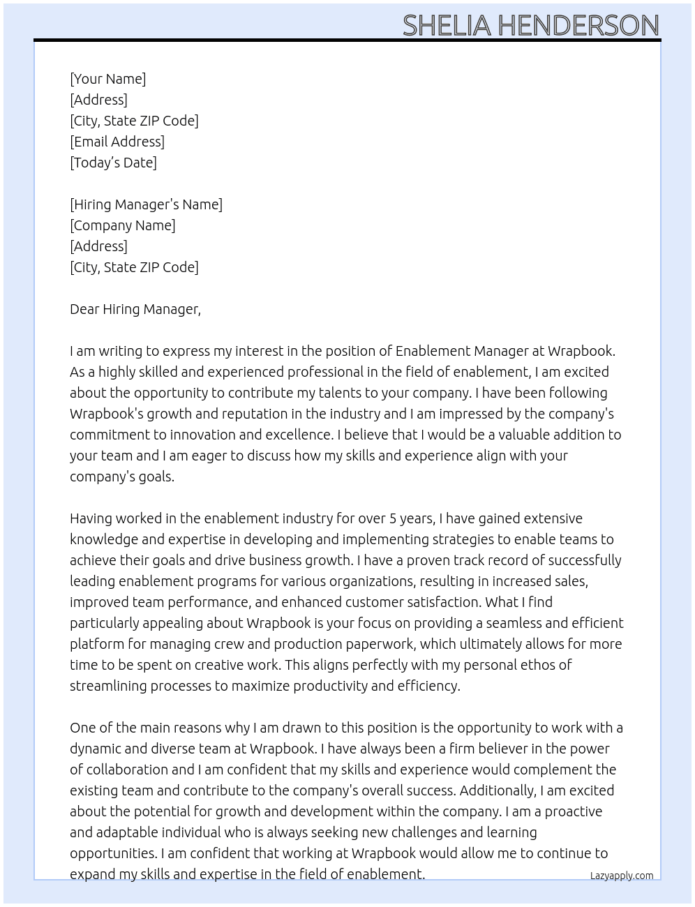 Enablement Manager At Wrapbook Cover Letter