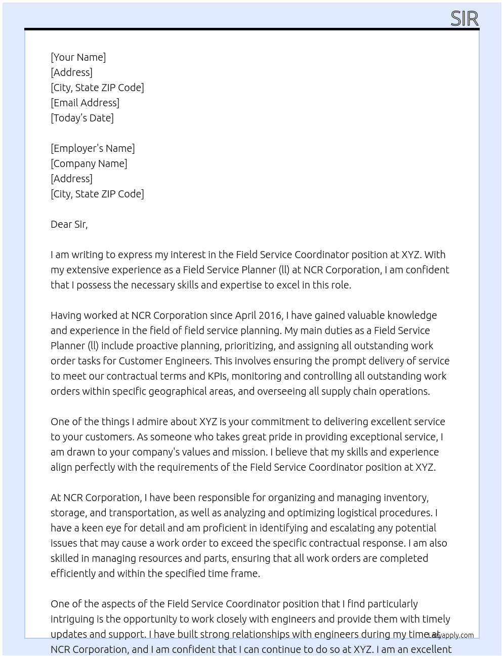 Cover letter for field service coordinator - LazyApply