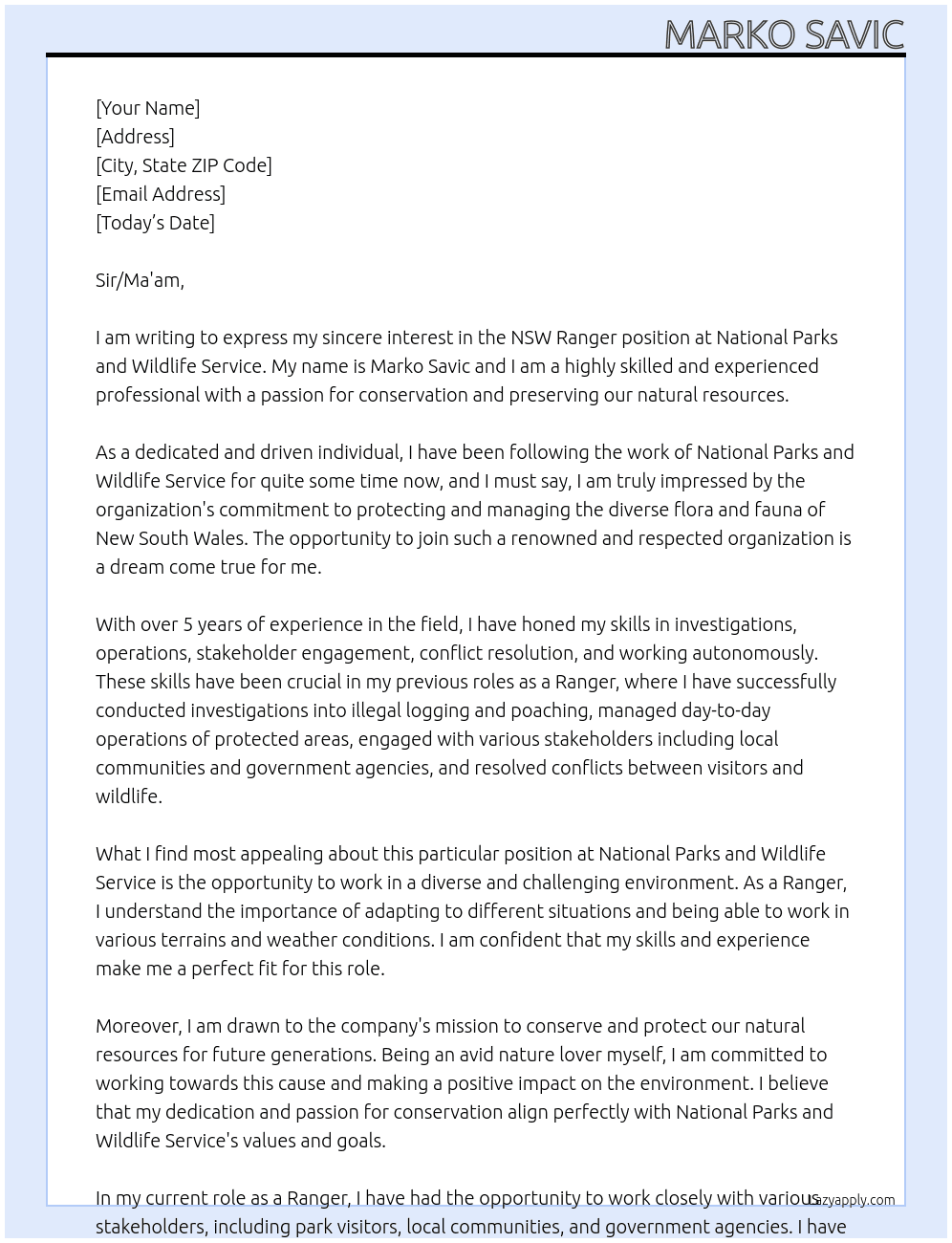 NSW Ranger At National Parks and Wildlife Service Cover Letter