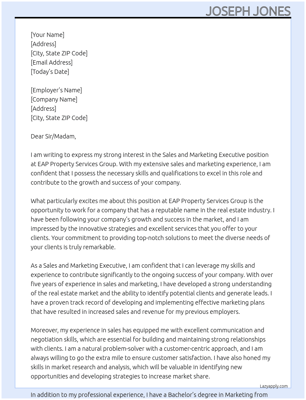 Sales and Marketing Executive At EAP Property Services Group Cover Letter