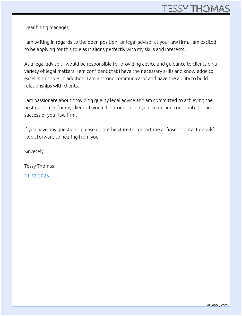 legal advisor  At law firm Cover Letter