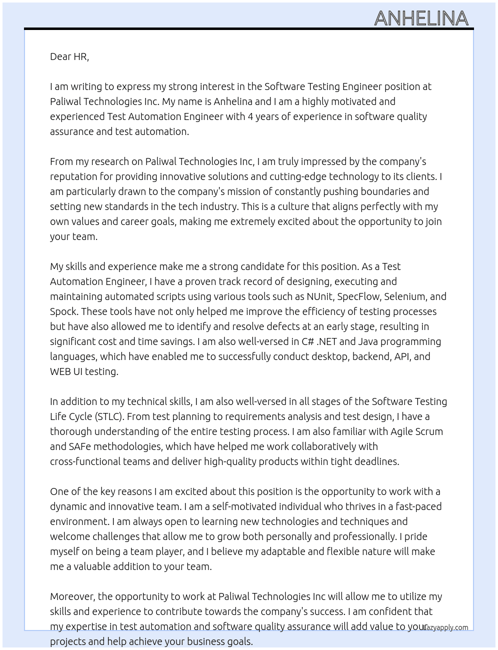 Software testing engineer  At Paliwal Technologies Inc Cover Letter