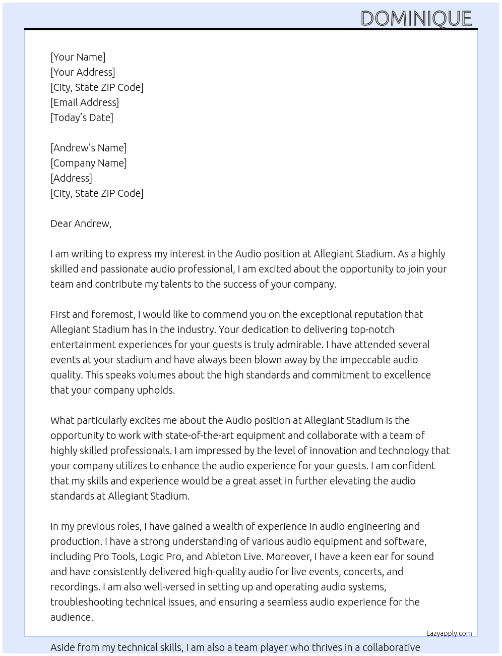 Audio  At Allegiant Stadium Cover Letter