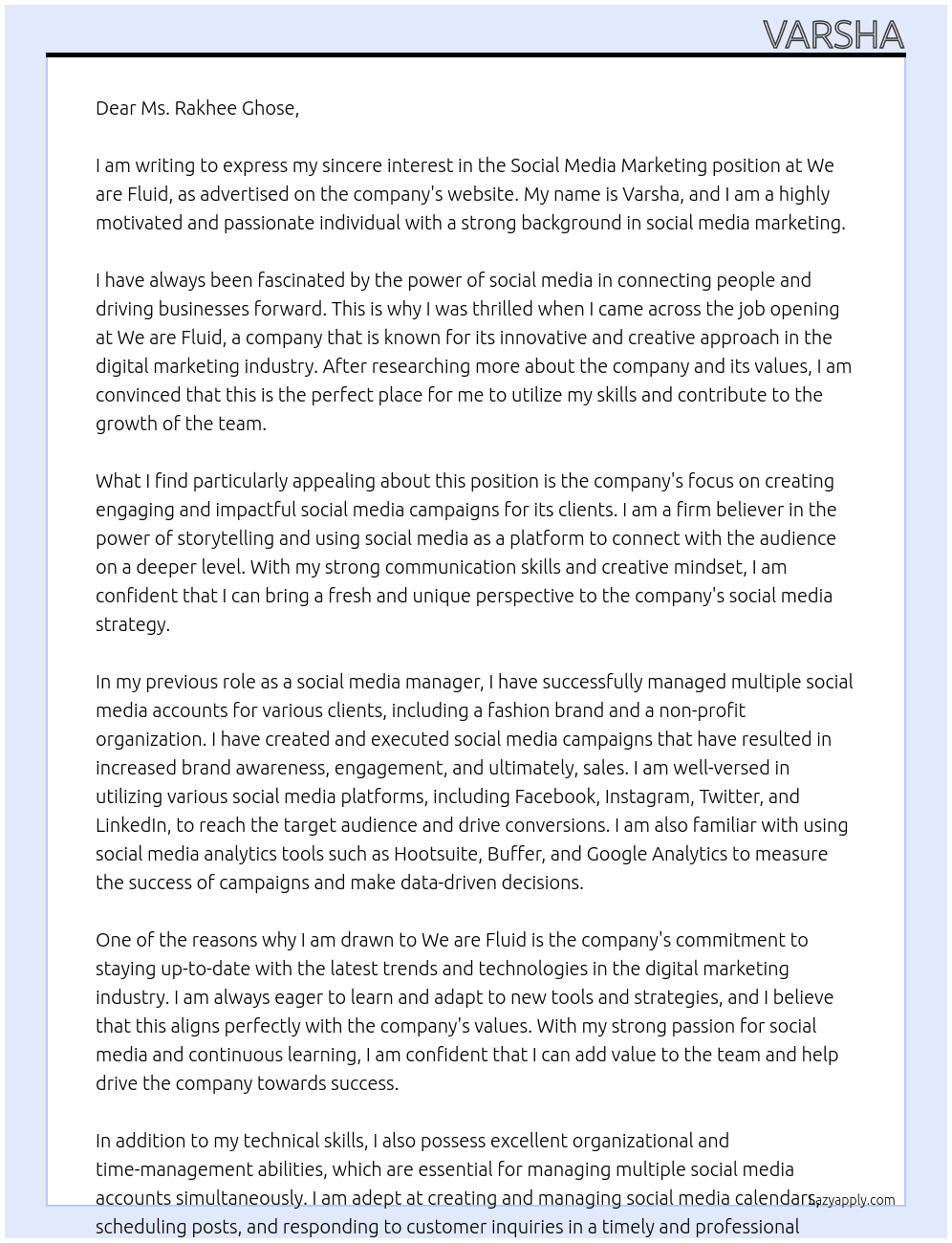 Social Media Marketing At We are Fluid Cover Letter