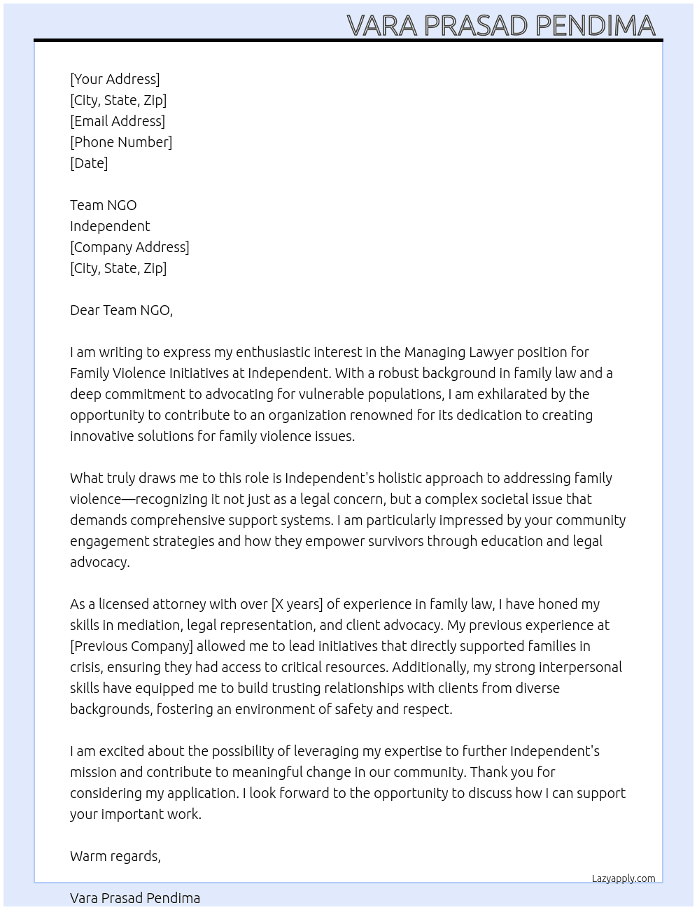Managing Lawyer - Family Violence Initiatives At Indipendent  Cover Letter