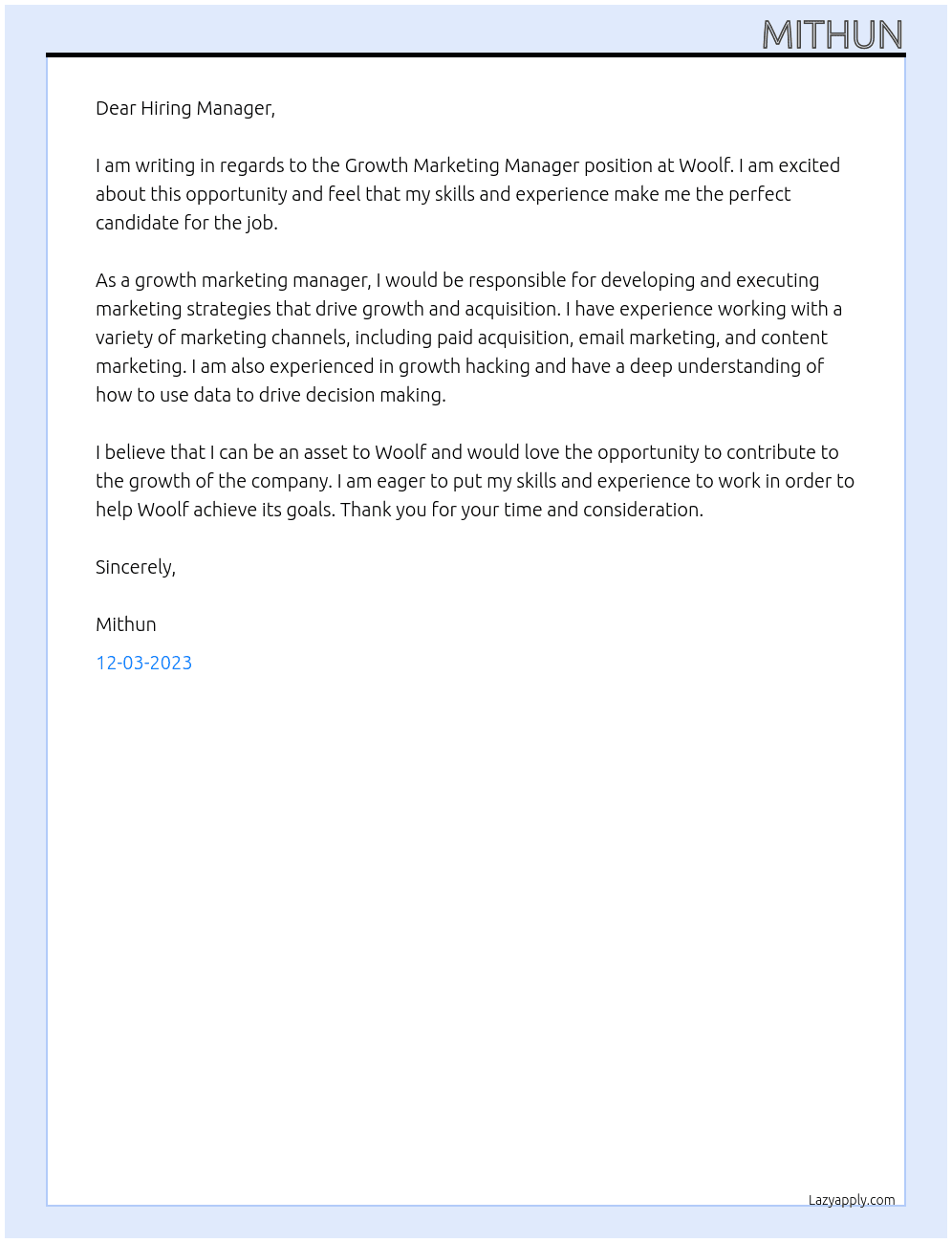 Growth Marketing Manager At Woolf Cover Letter