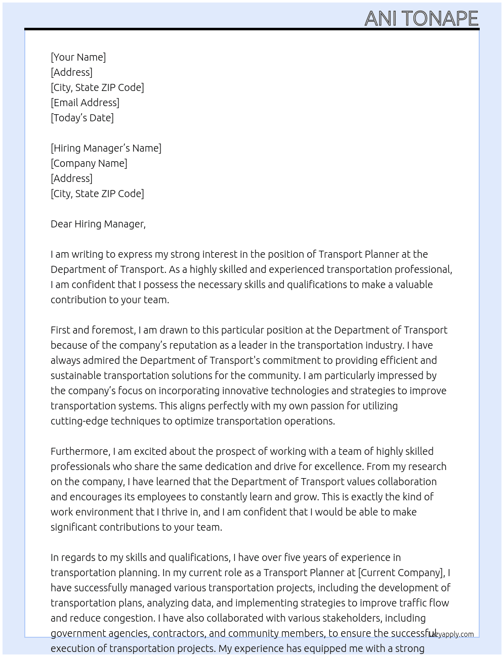 Transport planner At Department of Transport  Cover Letter