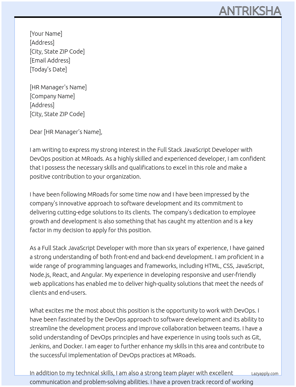  Full stack JavaScript Developer with Devops At MRoads Cover Letter
