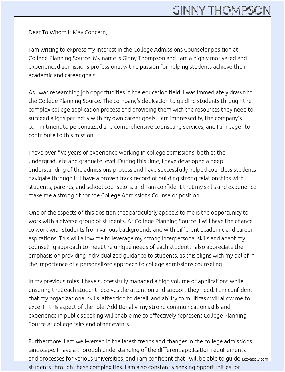 College Admissions Counselor At College Planning Source Cover Letter