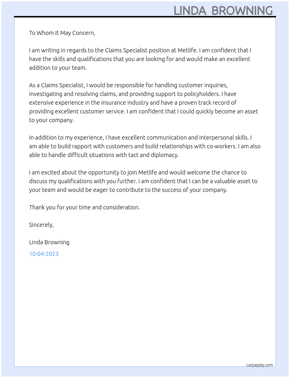 Claims  Specialist  At Metlife  Cover Letter