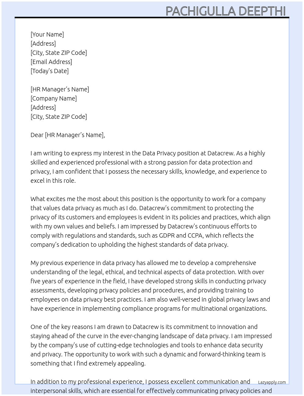 Data privacy  At Datacrew Cover Letter
