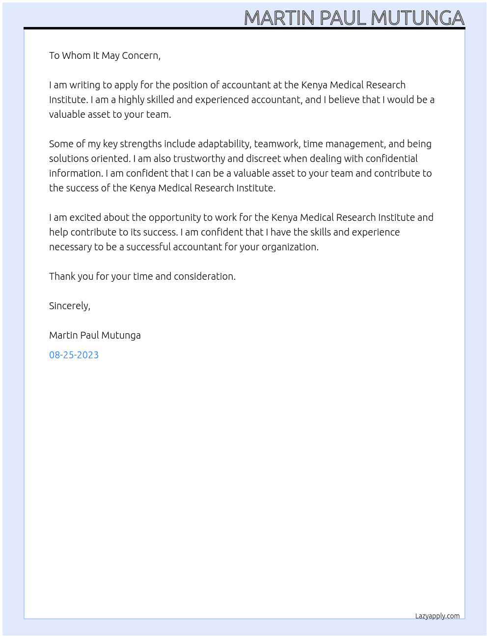 ACCOUNTANT At KENYA MEDICAL RESEARCH INSTITUTE Cover Letter