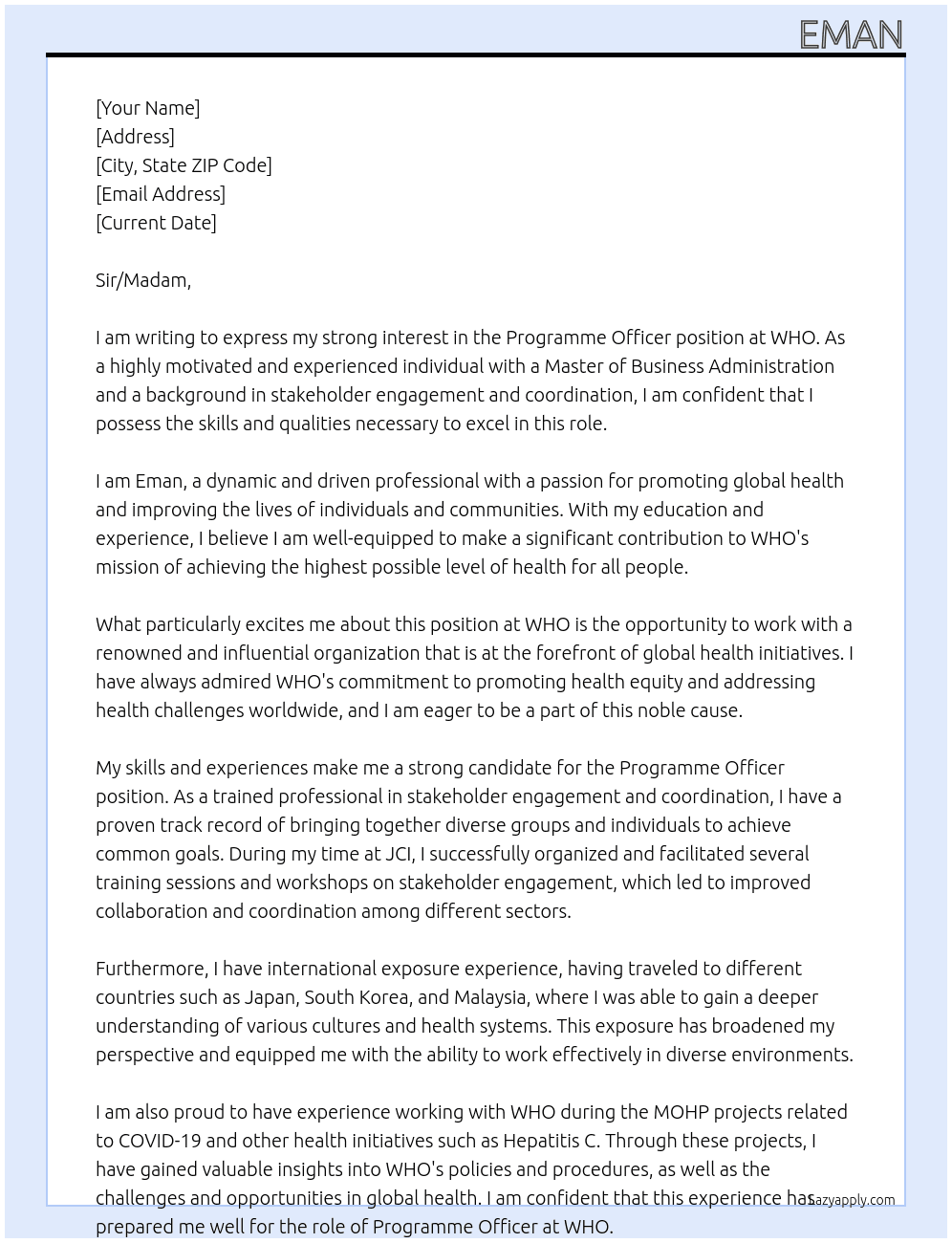 Programme Officer At WHO Cover Letter