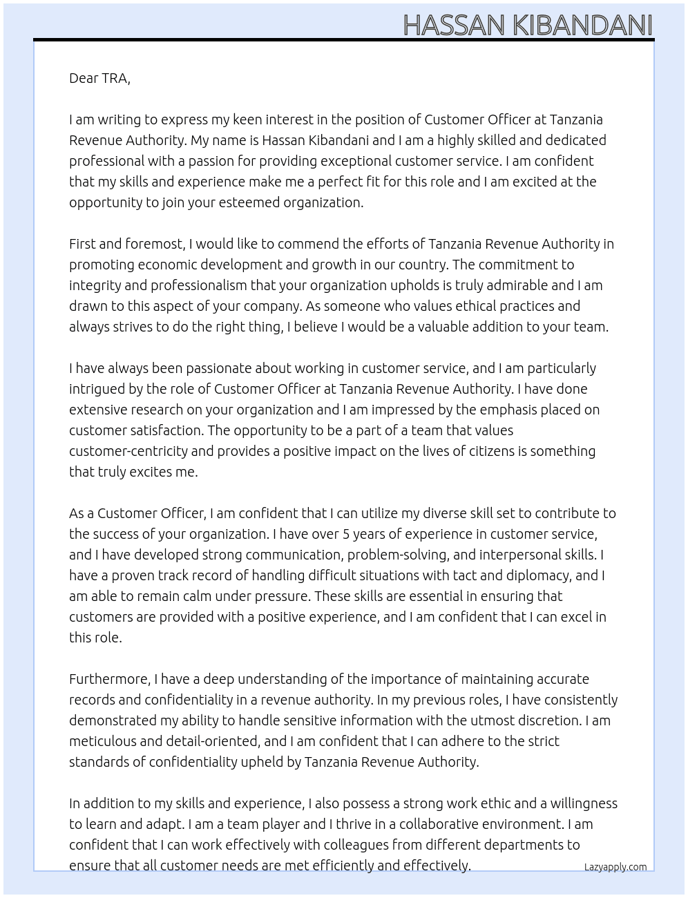 CUSTOMER OFFICER  At TANZANIA REVENUE AUTHORITY Cover Letter