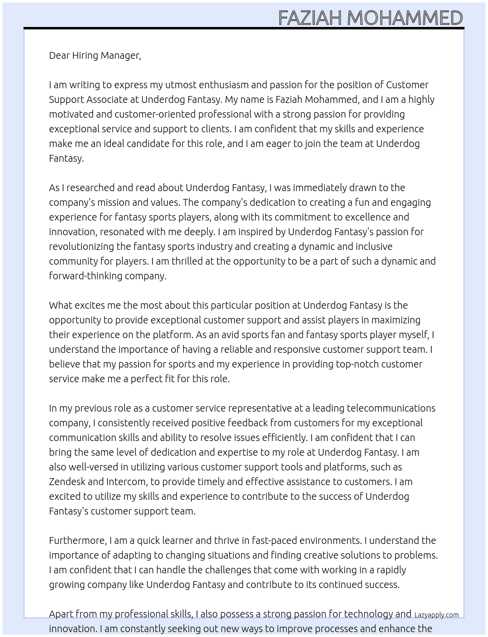 Customer Support Associate At Underdog Fantasy Cover Letter