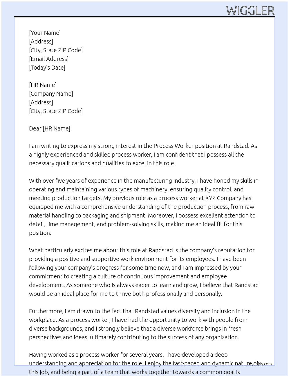Process Worker At Randstand Cover Letter