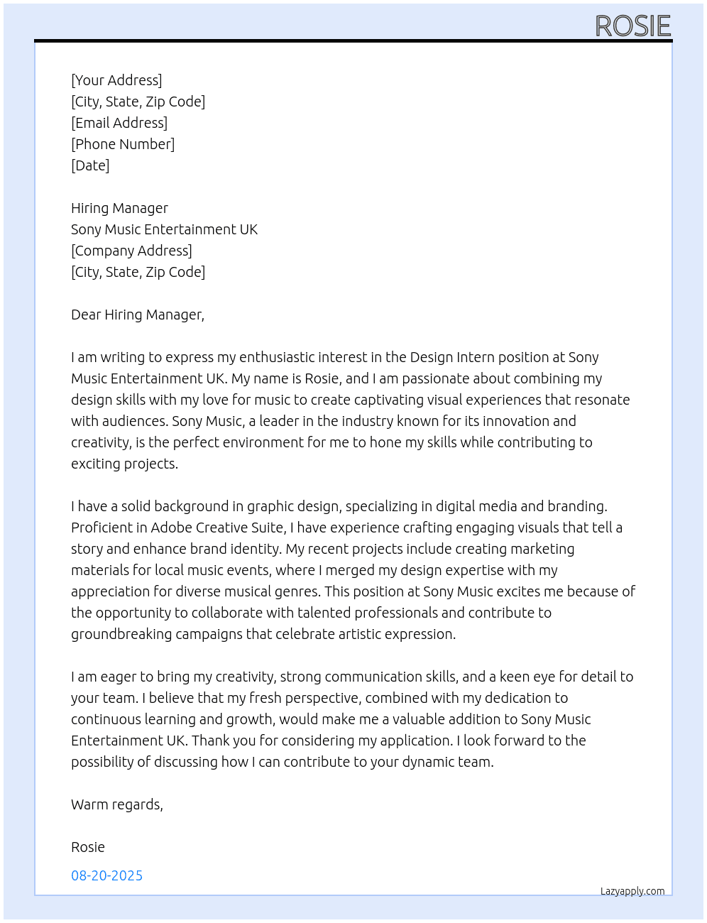 design intern At sony music entertainment uk Cover Letter