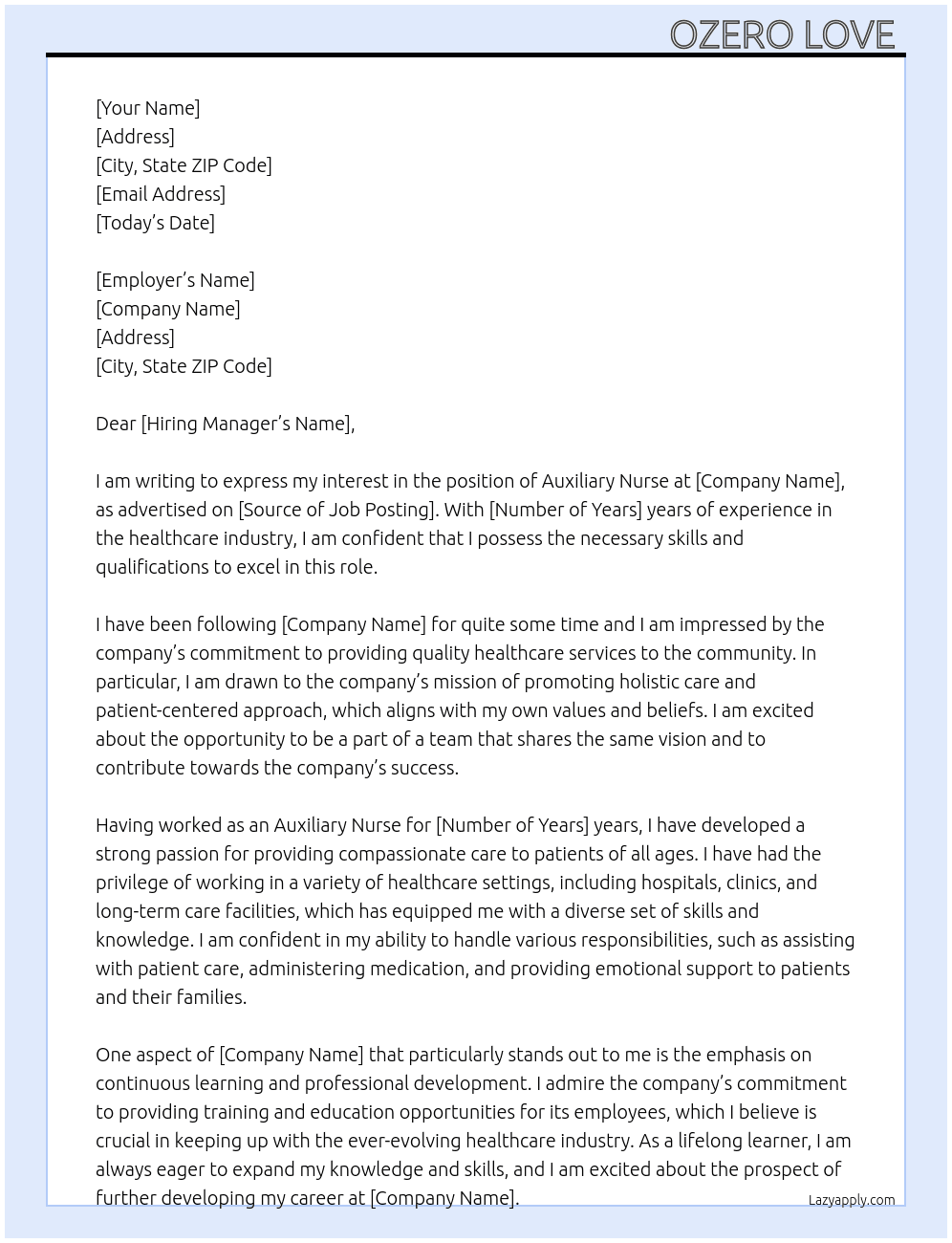 Auxiliary nurse  At Post  Cover Letter