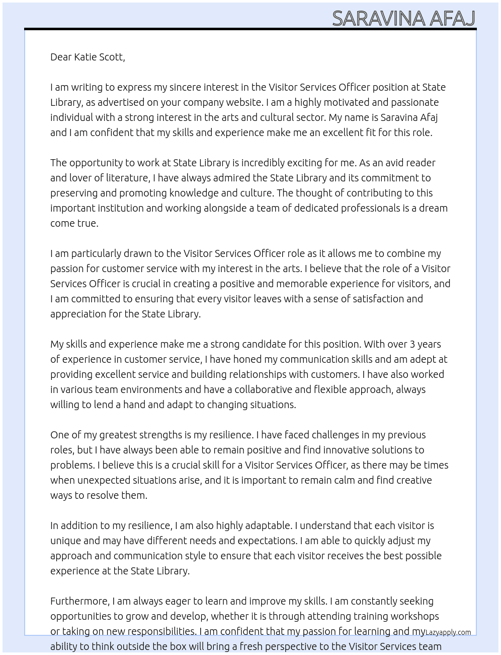 Visitor Services Officer At State Library Cover Letter