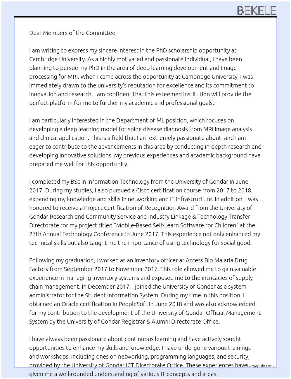 scholarship  At Cambridge University  Cover Letter