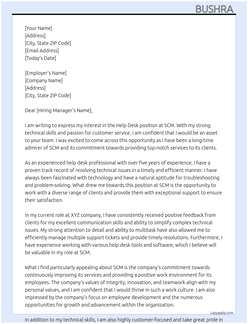 help desk At SCM Cover Letter