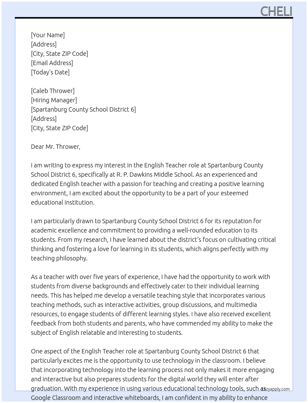 English Teacher At Spartanburg County School District 6 Cover Letter