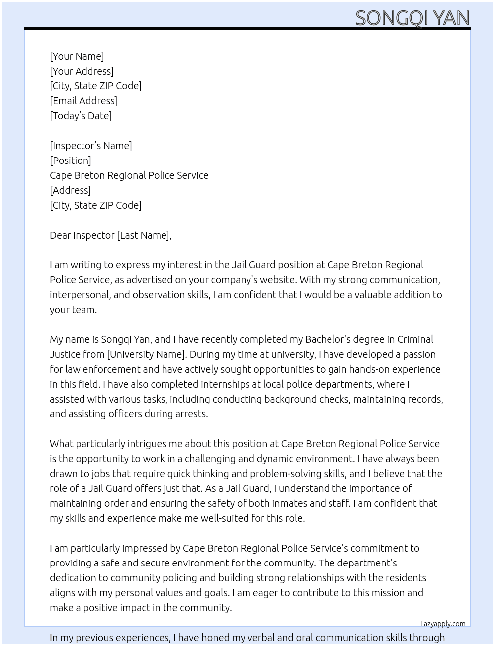 Jail Guard At Cape Breton Regional Police Service Cover Letter