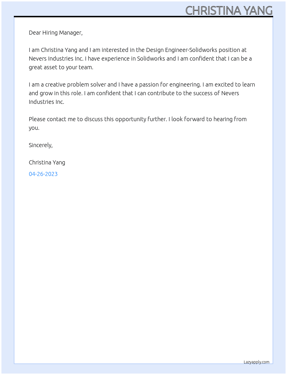 Design Engineer-Solidworks At Nevers Industries Inc. Cover Letter