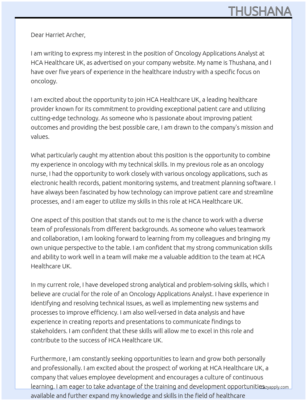 HCA Healthcare UK - Oncology Applications Analyst At HCA healthcare UK Cover Letter